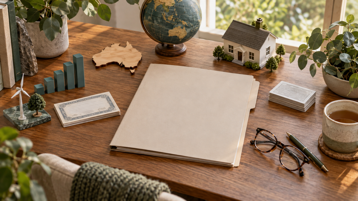 Balanced arrangement of varied investment objects on an editorial desk