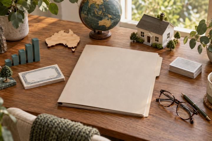 Balanced arrangement of varied investment objects on an editorial desk