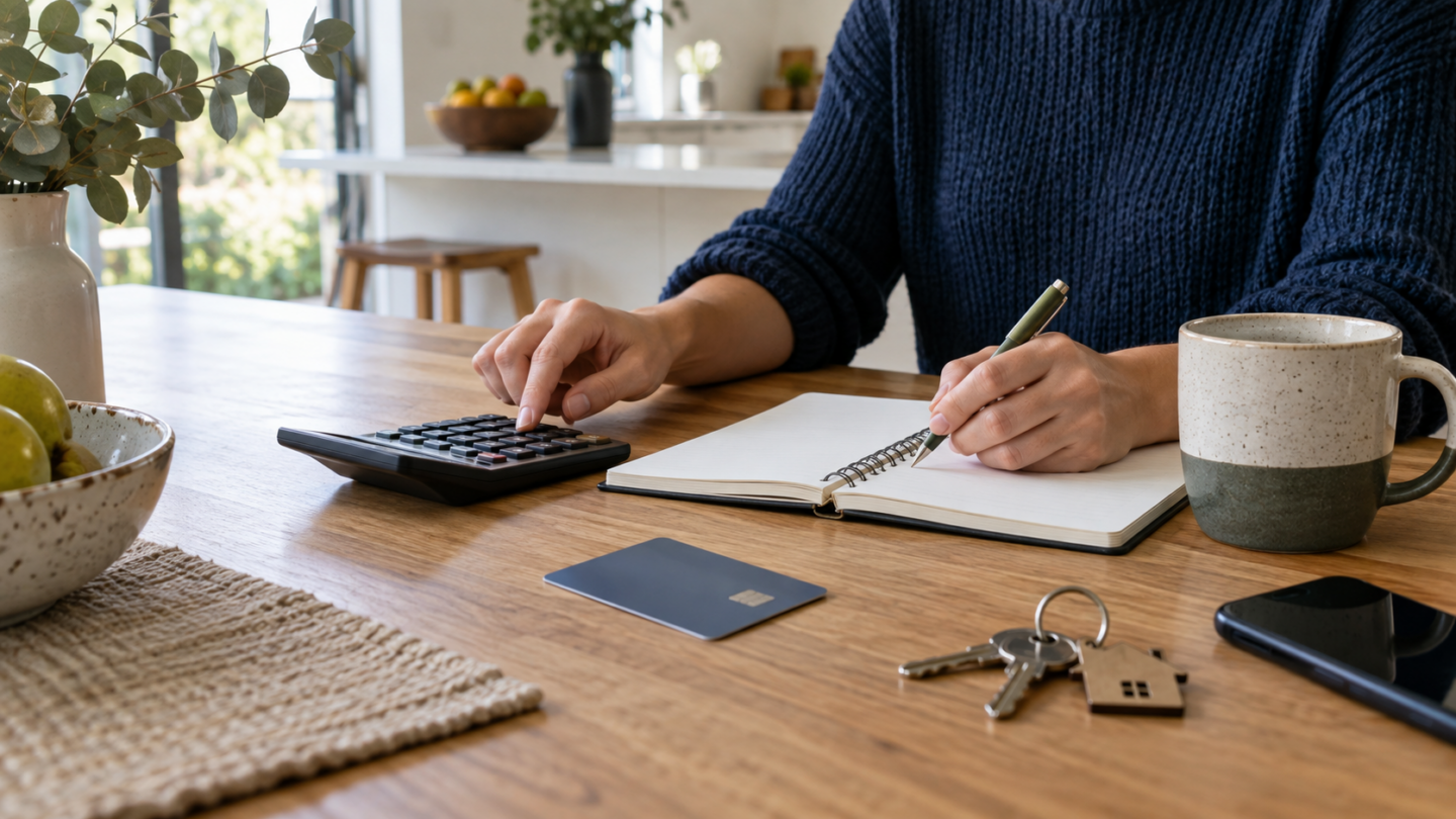 Australian household budget papers beside a calculator and house keys