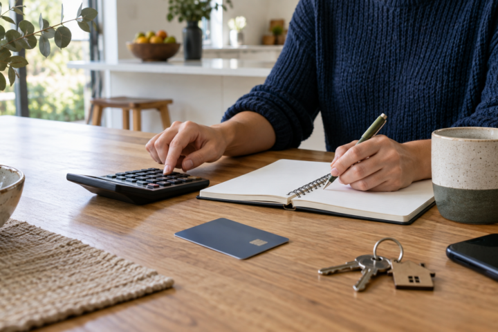 Australian household budget papers beside a calculator and house keys