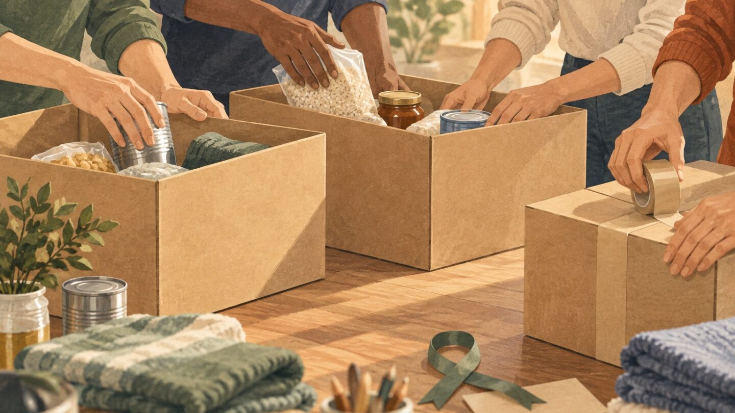 Editorial illustration of volunteers packing humanitarian supplies
