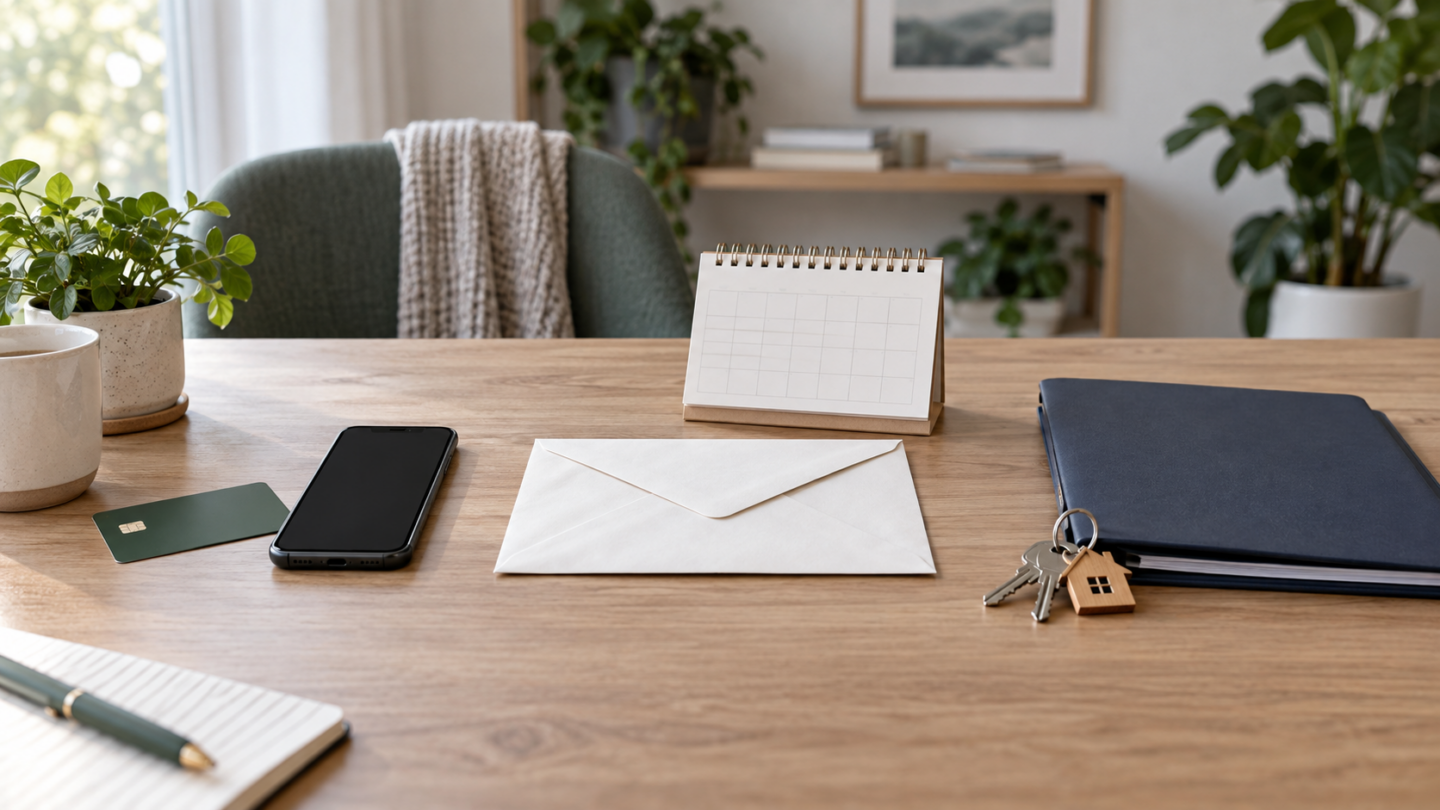 Three organised financial folders beside coins and Australian house keys