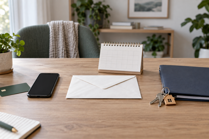 Three organised financial folders beside coins and Australian house keys