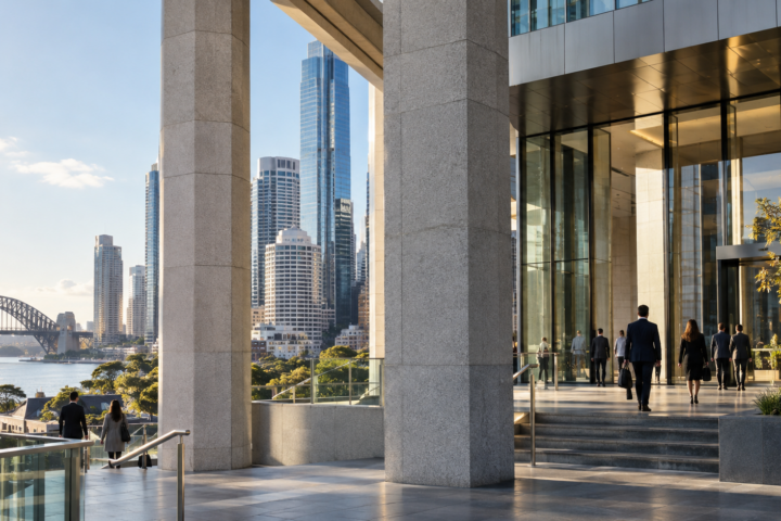 Strong architectural columns representing resilience in the Australian banking system